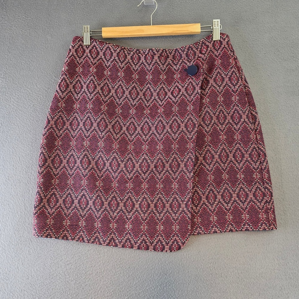LOFT Womens Size 8 Red Navy Diamond Jacquard Faux Wrap‎ Lined Mini Skirt